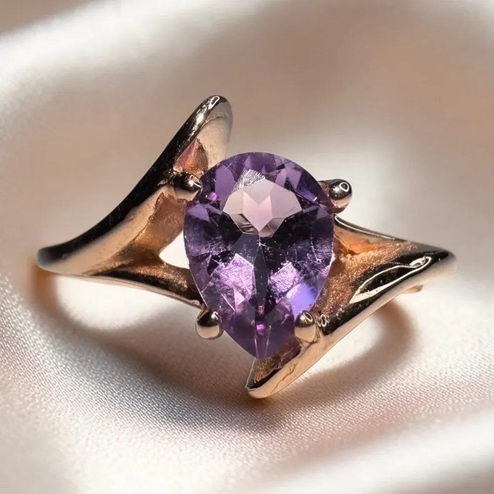 ESTATE- 10K Rose Gold Amethyst Ring -Solitaire Bypass -Size 6 -Pear Cut - 2.2g